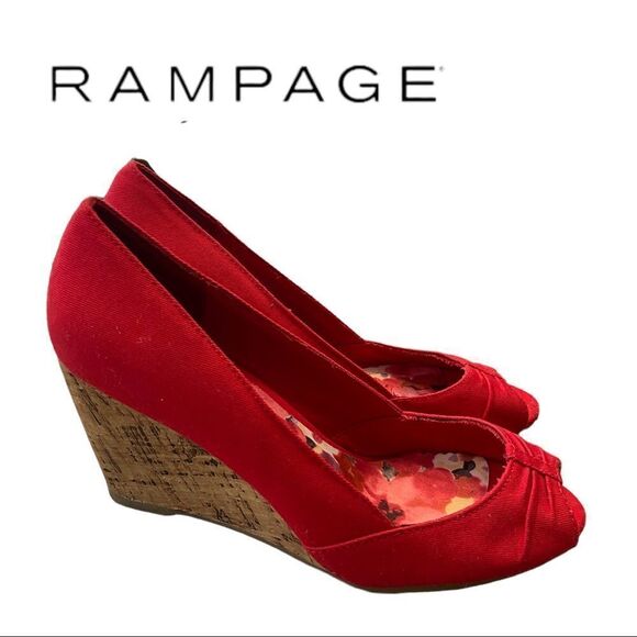 Rampage Women's Red Kayson Canvas Slip On Peep Toe Wedges Sandals 6 - Picture 2 of 6